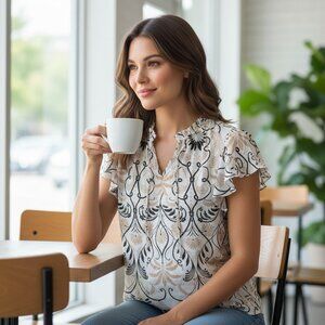 Jones New York Black and Cream Floral Print Flutter Sleeve Blouse